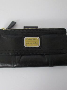 Fossil Wallet Clutch Long Live Vintage 1954 Black Lambs Hide Leather 7.5" x 4.5"